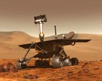 A realistic artistic rendering of a Mars rover on Mars.