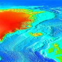 Color, shaded relief map of  the North Atlantic, including Iceland and Greenland.