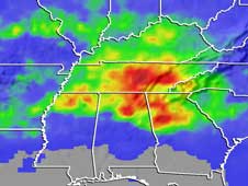 NASA map showing intense rainfall from a 2003 storm in the Southeastern US
