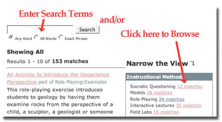Figure showing the location of the text search box and the browse options